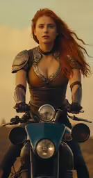 red haired woman on a motorcycle with her hands in the air