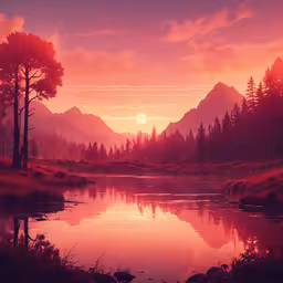 the sun sets in the horizon on the mountain,the landscape shows an orange sunset over a calm river