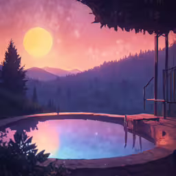 the stars are shining over a small pool,a view of a pool and mountains during sunset