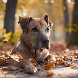 a dog lying in leaves on a path