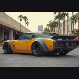 a yellow and gray car sitting on the side of the road
