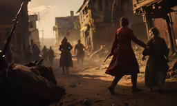 people walking down the street in an old time setting