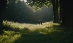 two people stand in the middle of a forest