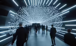 people walk through a tunnel of lights and shapes