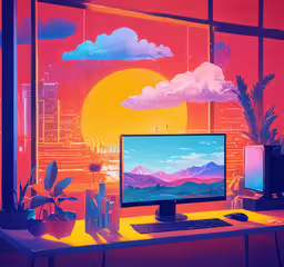 a desktop computer on top of a desk next to windows,a desktop computer with an animated scenery on it