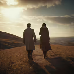 two people walking in an open area next to each other