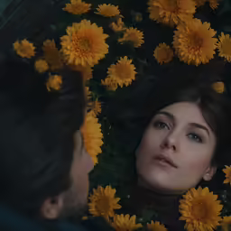 the young man is sitting next to a beautiful lady, who looks down at her
