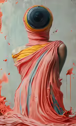 an image of a person wearing a large hat and orange paint splattered over it
