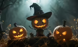 three carved pumpkins, one with a witches hat and the other wearing a black top hat