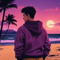 a man in purple jacket looking out at beach,a man in a purple jacket is looking out at the sunset
