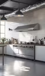 a kitchen with a table and a stove