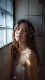 a woman posing by a shower with bubbles around her,the girl with the necklace is looking out the window