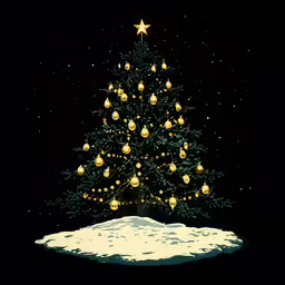a lit christmas tree with gold balls around it