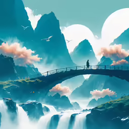 a person is standing on a bridge over a waterfall