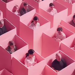 people are sitting in cubes using phones in the center of the image