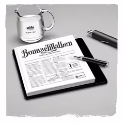 a newspaper and a coffee mug on a tablet