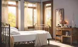 a large bed in a small bedroom with windows