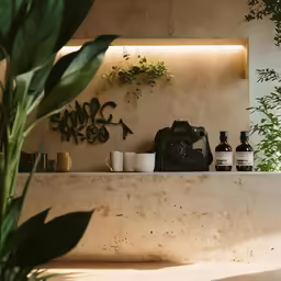the bottles of alcohol sit on the ledge of the counter next to plants