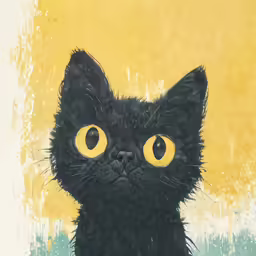 an abstract painting of a black cat with yellow eyes
