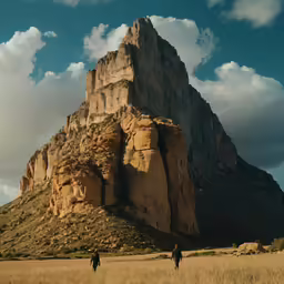 two people on horses walking near a rocky mountain