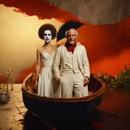 a woman in white and an older man in black pose for a picture,an old couple with makeup in a boat