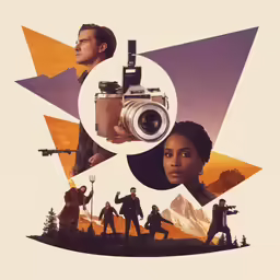 a poster with an illustration of men and women standing under an image of a camera