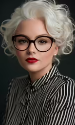 a woman in glasses and a hair style is seen