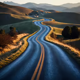 a winding highway in the hills with sunset light