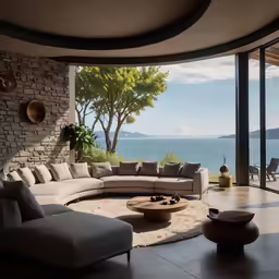 modern living room with open window overlooking the water