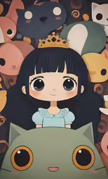 a girl is surrounded by cats, teddy bears, and other cute animals