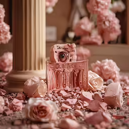 a camera is sitting in the middle of pink flowers