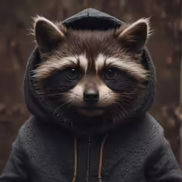 a raccoon wearing a hooded sweater looking away from the camera