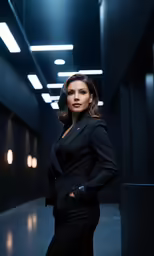a woman with a black suit posing in a dark corridor