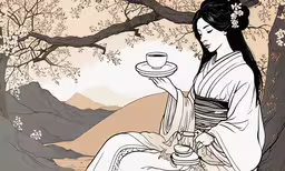 a woman sitting on top of a wooden table,a woman sits under a tree with her hand on her cup