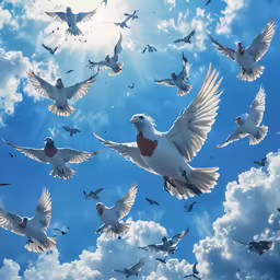 many white birds flying in the air near one another