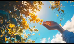 someone holding small yellow flowers in front of a blue sky