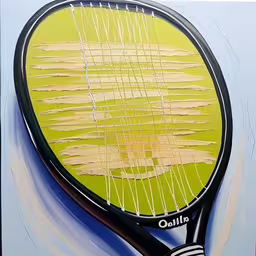 there is a painting of a tennis racket,a tennis racquet is displayed as part of a painting