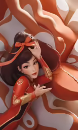 a character is posed against a wall as she holds up her hat