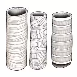 the three cylindrical vases have different lines on them,a black and white drawing of different vases