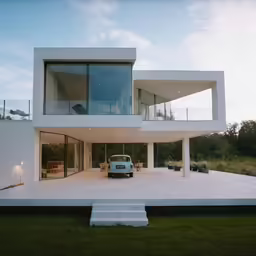 a car is parked on the porch of an unusual house