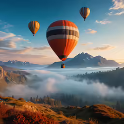 a group of hot air balloons flying over mountains