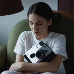 a woman is sitting on a chair holding a camera
