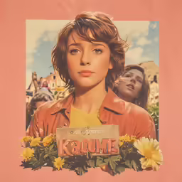 a woman is standing with flowers in her hand