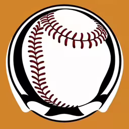 a baseball logo with black trim and red stitches on the ball,a baseball on an orange background with black and white trim