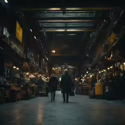 two men walk through an old warehouse where several people are working