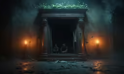 two people stand at a doorway near small candles