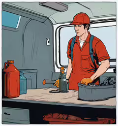 a man in a red work jacket stands near some containers,a person in an orange work uniform standing in front of a work bench