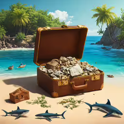 a piece of luggage with shark sharks coming out,a brown suitcase with a group of sharks on a beach