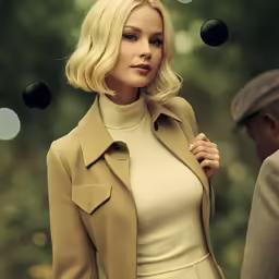 a beautiful blonde woman in a jacket, dress and hat
