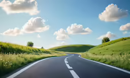 an empty and quiet highway going through a green hillside